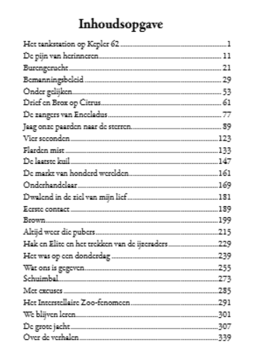 Inhoudsopgave van de SF-verhalenbundel 'Anderen'