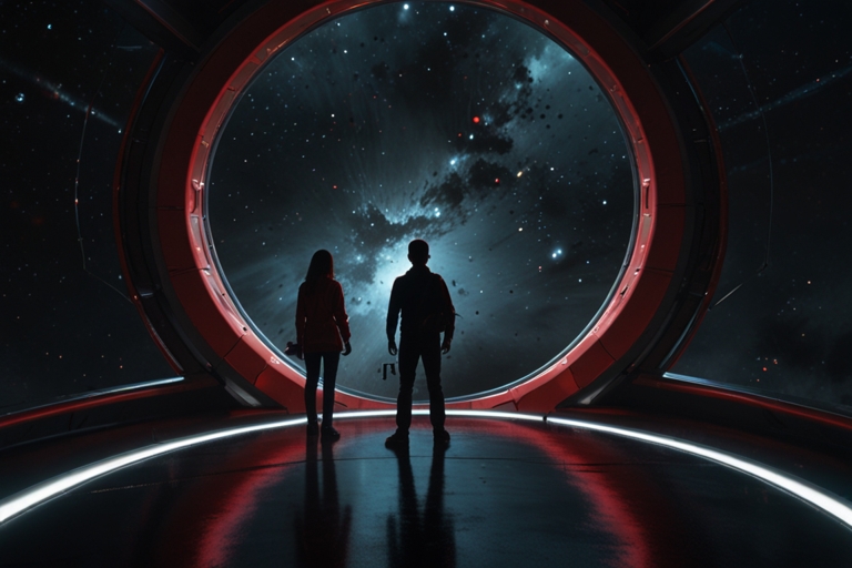 Twee mensen kijken uit een ruimtestation naar verre sterrennevels.